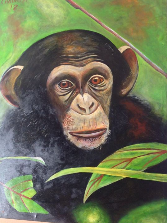 Peinture intitulée "Young Chimp ( Are y…" par Legend, Œuvre d'art originale, Huile