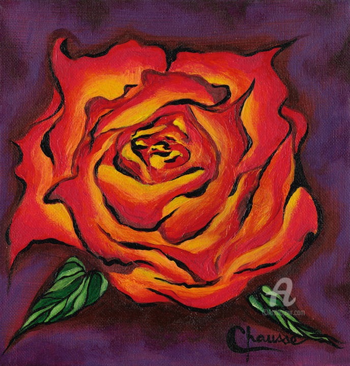 Painting titled "Orange Rose on a Pu…" by Genevieve Chausse, Original Artwork, Acrylic