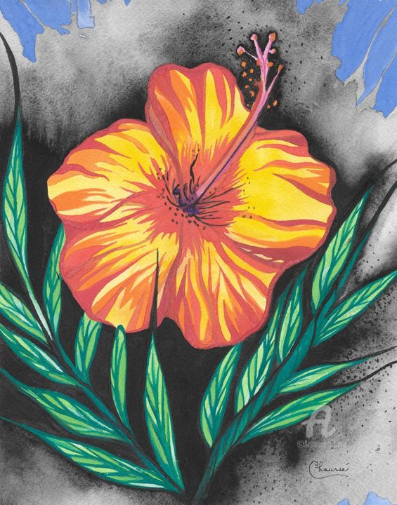Painting titled "Exotic Flower" by Genevieve Chausse, Original Artwork, Watercolor