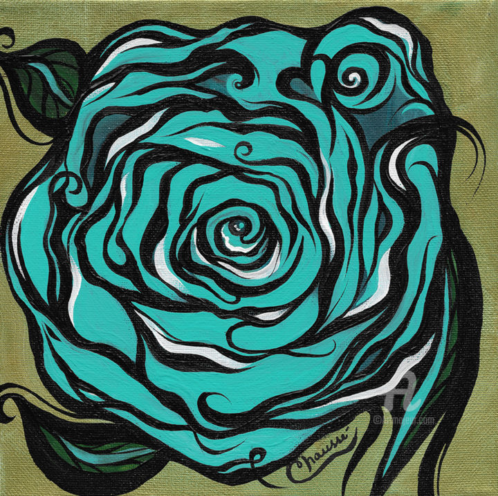 Painting titled "Turquoise Rose on a…" by Genevieve Chausse, Original Artwork, Acrylic