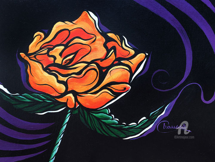 Painting titled "Orange Rose on a bl…" by Genevieve Chausse, Original Artwork, Acrylic