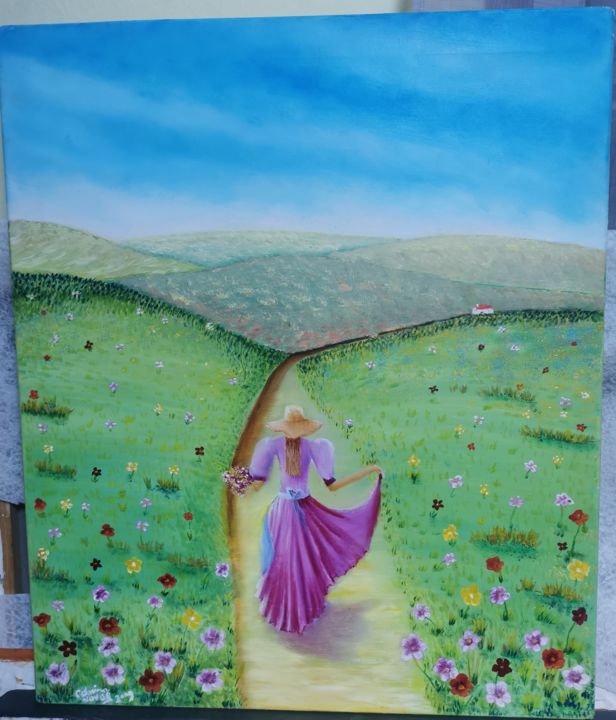 Painting titled "Apanhando flores" by Catarina Noval, Original Artwork, Oil