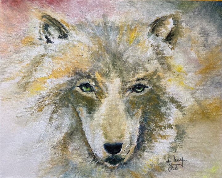 Painting titled "Loup Oméga" by Marie-Noelle Chauny, Original Artwork, Acrylic Mounted on Wood Stretcher frame