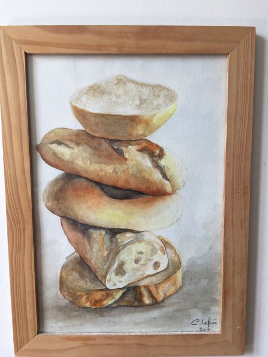 Painting titled "petits pains" by Christine Lefevre, Original Artwork, Watercolor Mounted on Glass