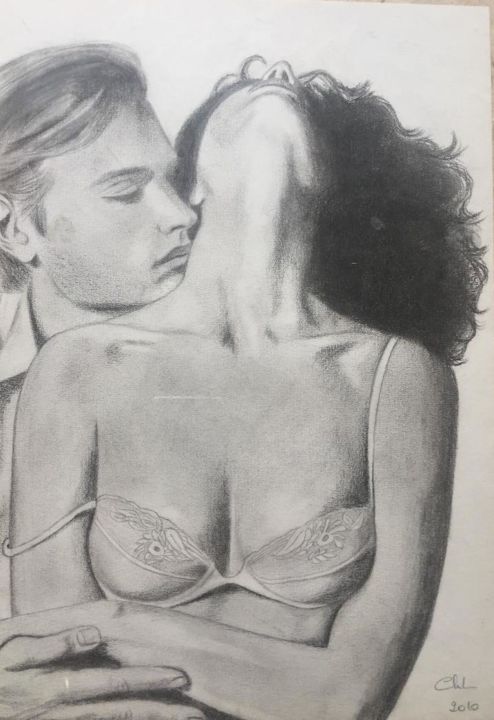 Dessin intitulée "le baiser" par Christine Lefevre, Œuvre d'art originale, Crayon