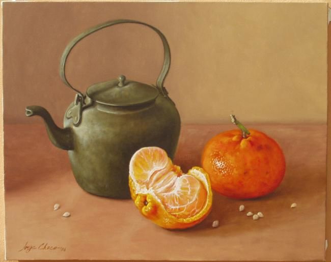 Malerei mit dem Titel "mandarinas y tetera" von Jorge Checo, Original-Kunstwerk