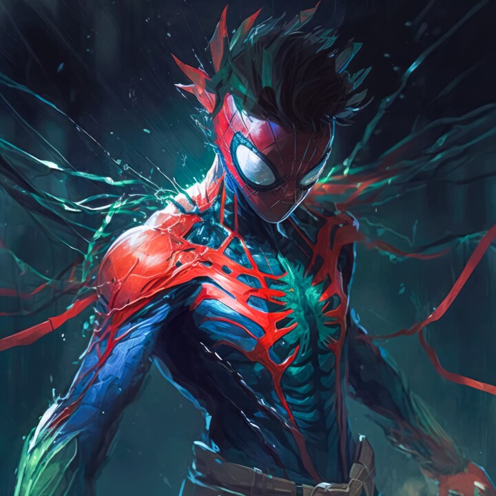 「Spiderman」というタイトルのデジタルアーツ Cheeky Bunny (Pop Art)によって, オリジナルのアートワーク, デジタル絵画 ウッドストレッチャーフレームにマウント