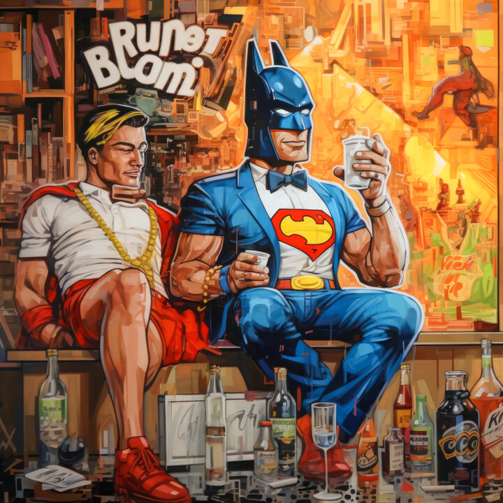 「Batman on date」というタイトルのデジタルアーツ Cheeky Bunny (Pop Art)によって, オリジナルのアートワーク, デジタル絵画 ウッドストレッチャーフレームにマウント