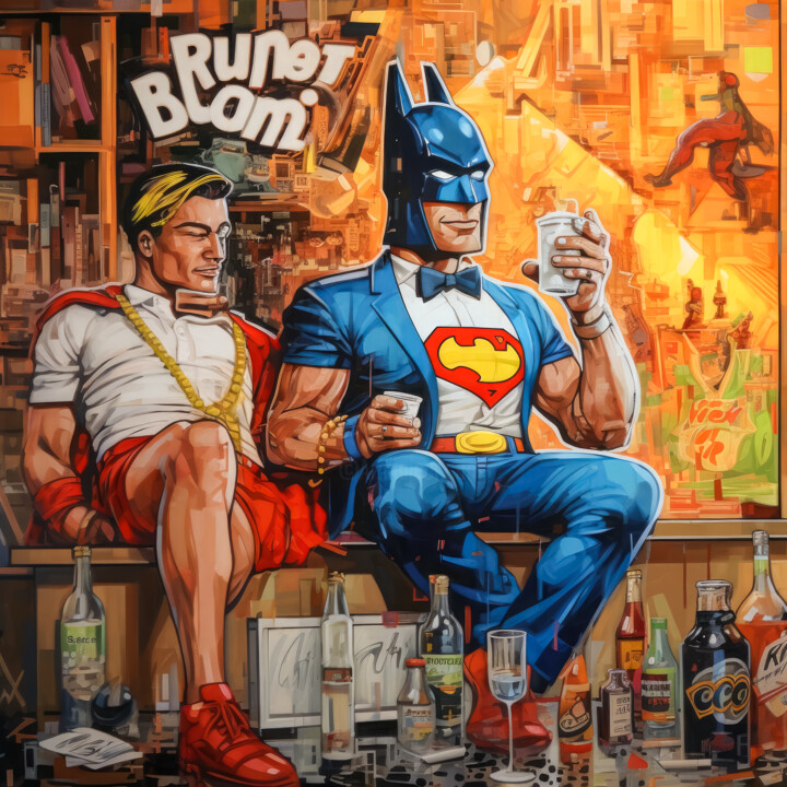 "Batman on date" başlıklı Dijital Sanat Cheeky Bunny (Pop Art) tarafından, Orijinal sanat, Dijital Resim Ahşap Sedye çerçeve…