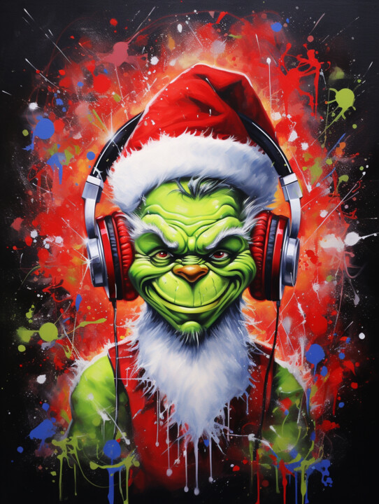数字艺术 标题为“Christmas Grinch” 由Cheeky Bunny (Pop Art), 原创艺术品, 数字油画 安装在木质担架架上