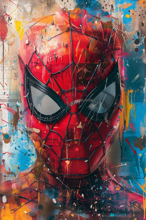 Digital Arts titled "Spiderman #2" by Cheeky Bunny (Pop Art), Original Artwork, Digital Painting Mounted on Wood Stretcher f…