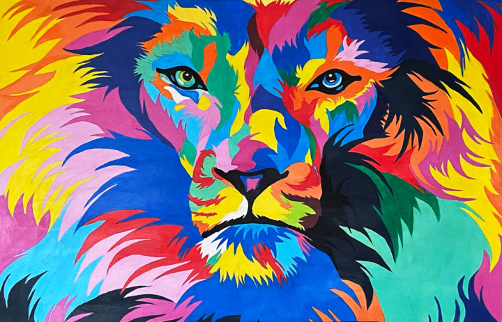 Malarstwo zatytułowany „Lion multicolore” autorstwa Cheickna Coulibaly, Oryginalna praca, Akryl Zamontowany na Drewniana ram…