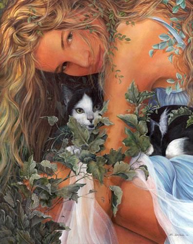 Pintura titulada "Mujer con Gato" por Chelin Sanjuan, Obra de arte original