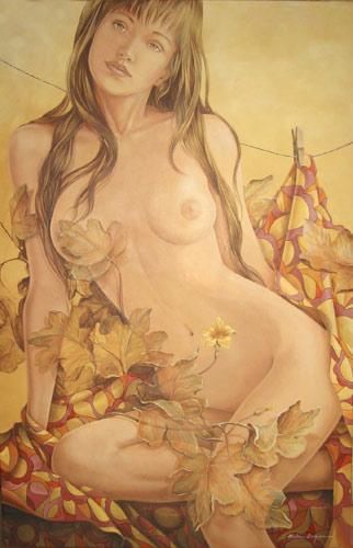 Pintura titulada "Desnudo con hojas d…" por Chelin Sanjuan, Obra de arte original