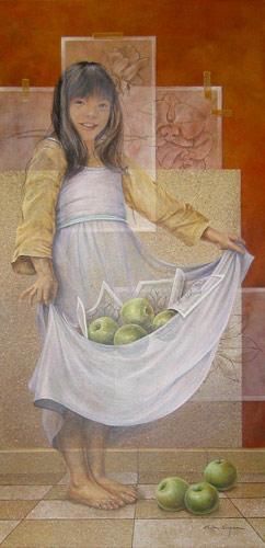 Pintura titulada "Niña con manzanas v…" por Chelin Sanjuan, Obra de arte original