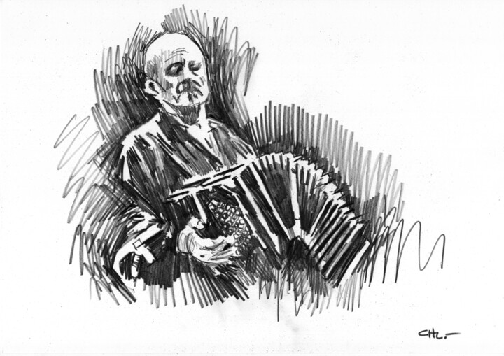 「Astor Piazzolla 04」というタイトルの描画 Chelo Leyriaによって, オリジナルのアートワーク, 鉛筆