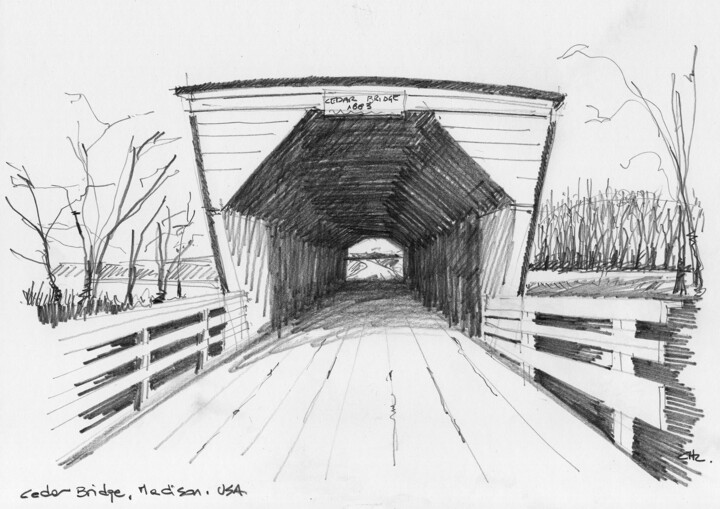 Zeichnungen mit dem Titel "Cedar Bridge, Madis…" von Chelo Leyria, Original-Kunstwerk, Bleistift