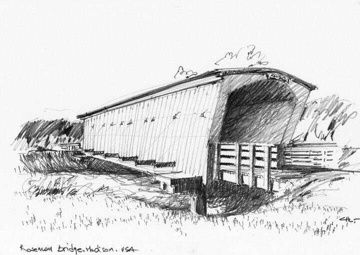 Dessin intitulée "Roseman Bridge, Mad…" par Chelo Leyria, Œuvre d'art originale, Crayon