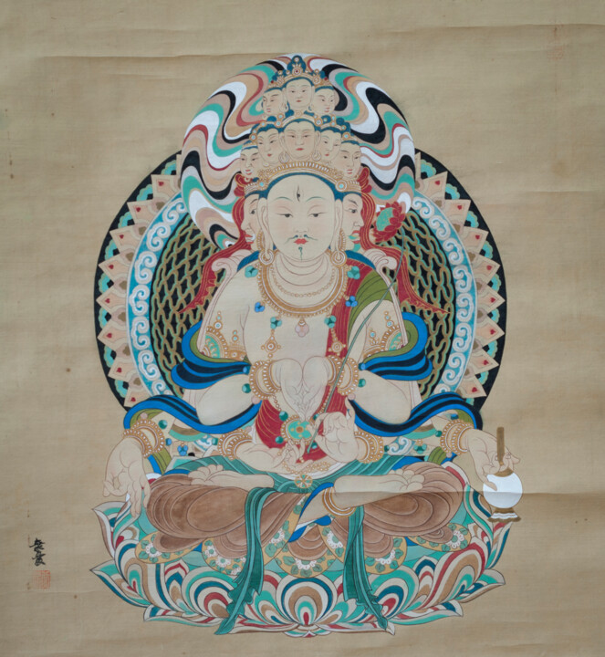 Schilderij getiteld "十一面觀音坐像" door Chen Jun Cao Tang Wu You, Origineel Kunstwerk, pigmenten