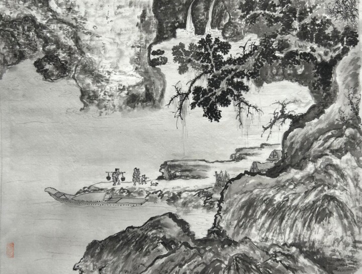 Painting titled "早春之水岸春色" by Chen Jun Cao Tang Wu You, Original Artwork, Ink