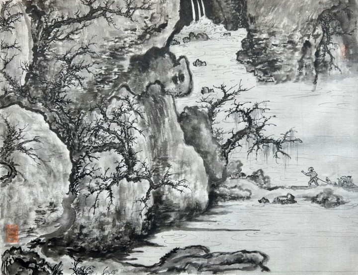Schilderij getiteld "早春之春拂山澗" door Chen Jun Cao Tang Wu You, Origineel Kunstwerk, Inkt