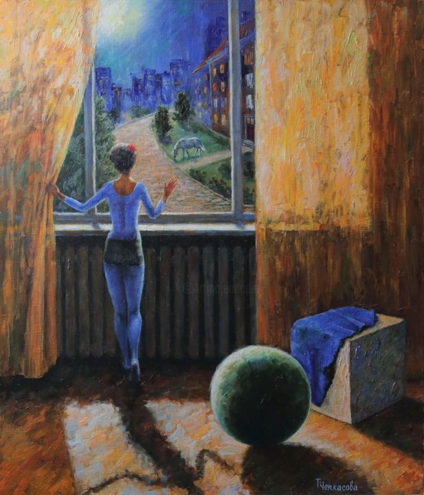 Painting titled "Girl by the window" by Tatyana Chepkasova, Original Artwork, Oil Mounted on Wood Stretcher frame