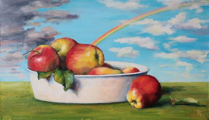 Schilderij getiteld "Apple rainbow" door Tatyana Chepkasova, Origineel Kunstwerk, Olie Gemonteerd op Frame voor houten branc…