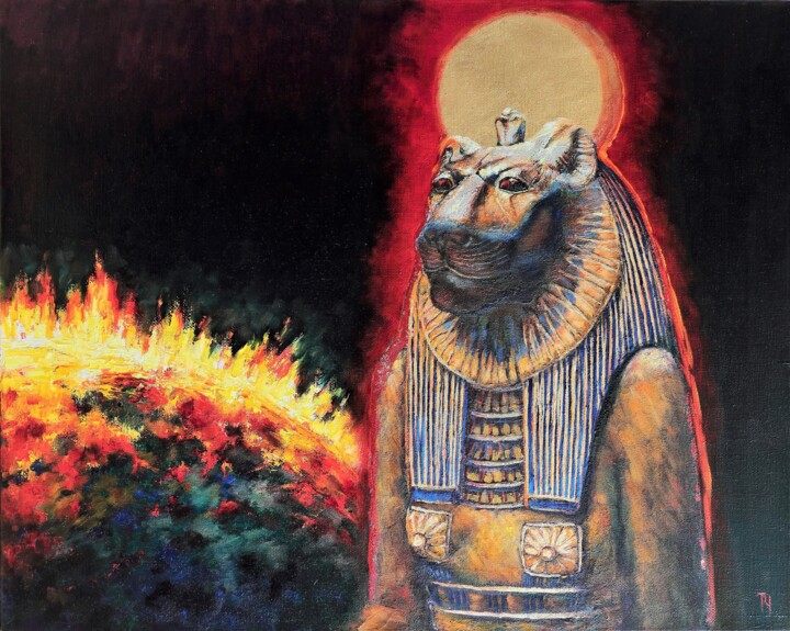 Painting titled "Sekhmet Time" by Tatyana Chepkasova, Original Artwork, Oil Mounted on Wood Stretcher frame