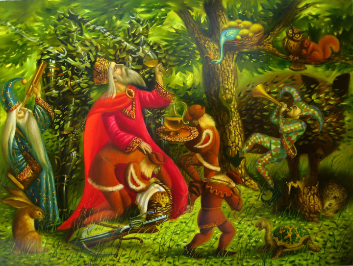 Painting titled "Королевская охота" by Konstantin Chepukov, Original Artwork, Oil Mounted on Wood Stretcher frame
