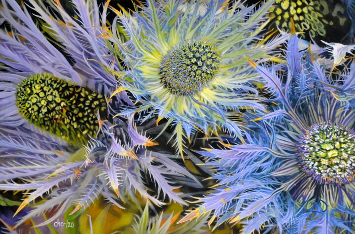 Pintura intitulada "Thistle Flowers" por Cher Pruys, Obras de arte originais, Acrílico