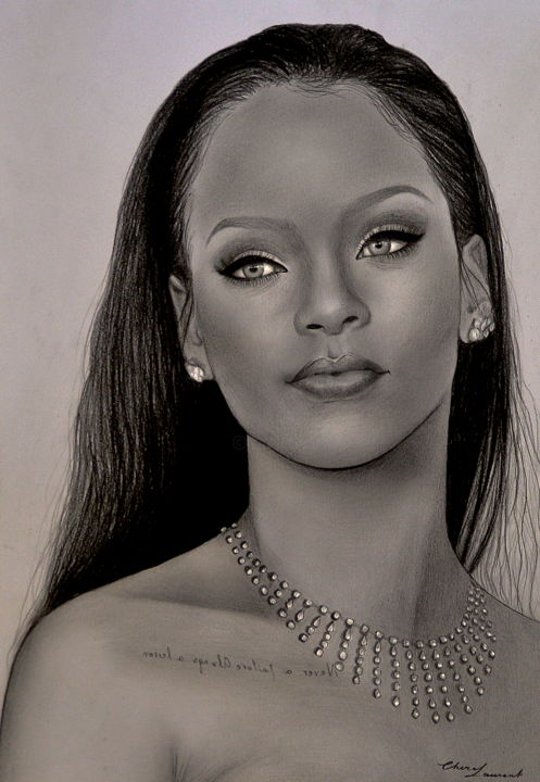 Рисунок под названием "Portrait de Rihanna" - Chérel Laurent, Подлинное произведение искусства, Карандаш