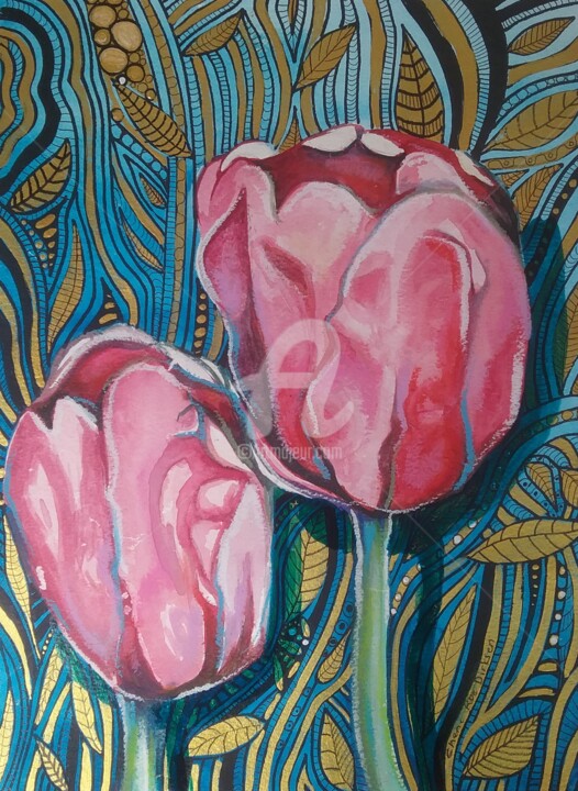 Pintura titulada "Pink Tulips" por Cherie Roe Dirksen, Obra de arte original, Acuarela