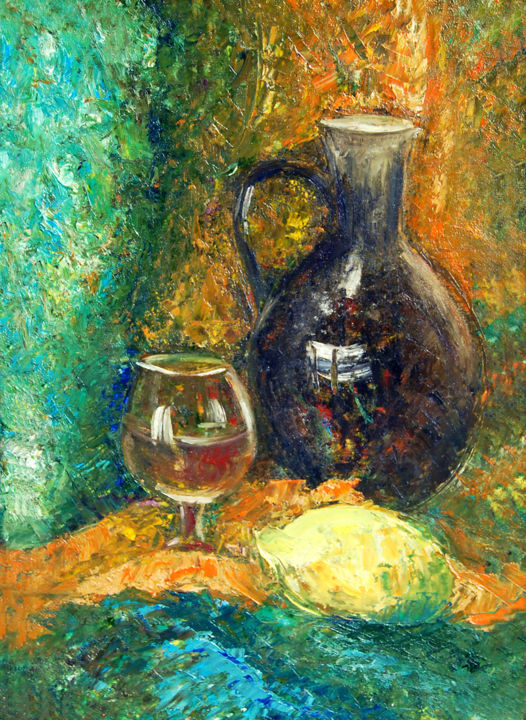Painting titled "Натюрморт с лимоном…" by Olga Aksamitnaia, Original Artwork, Oil