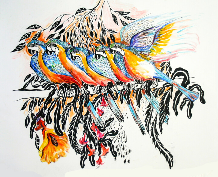 Pintura titulada "Parrots Perching" por Cheryl Paolini, Obra de arte original, Acrílico