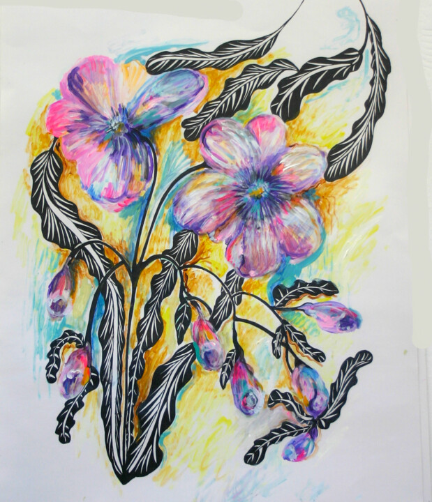 Pintura titulada "Neon Flowers" por Cheryl Paolini, Obra de arte original, Acrílico