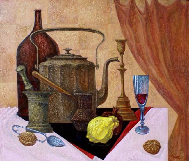 Schilderij getiteld ""Кухонный стол"" door Sergei Chesnokov Ladyzhenskii, Origineel Kunstwerk