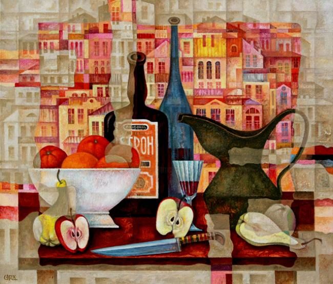 Schilderij getiteld ""Вино и фрукты"" door Sergei Chesnokov Ladyzhenskii, Origineel Kunstwerk