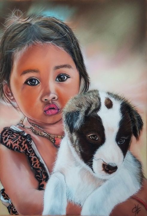 Painting titled "" My dog, my only w…" by Véronique Chevalier, Original Artwork, Pastel