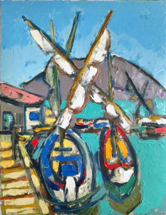 Painting titled "OLD BOATS IN BOUZIG…" by Jean-Pierre Chevassus-Agnes, Original Artwork