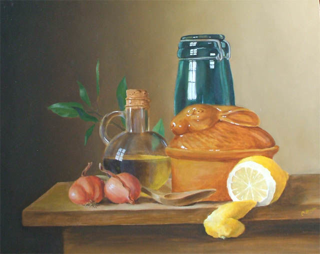 Painting titled "Terrine et citron" by Christiane Heydon, Original Artwork