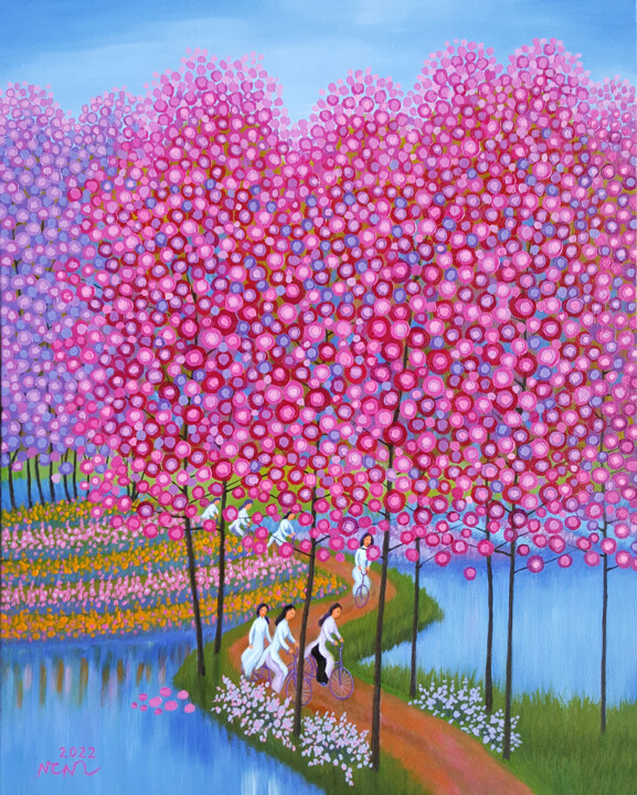 Painting titled "Pink road Painting" by Chi Nguyen, Original Artwork, Acrylic Mounted on Wood Stretcher frame