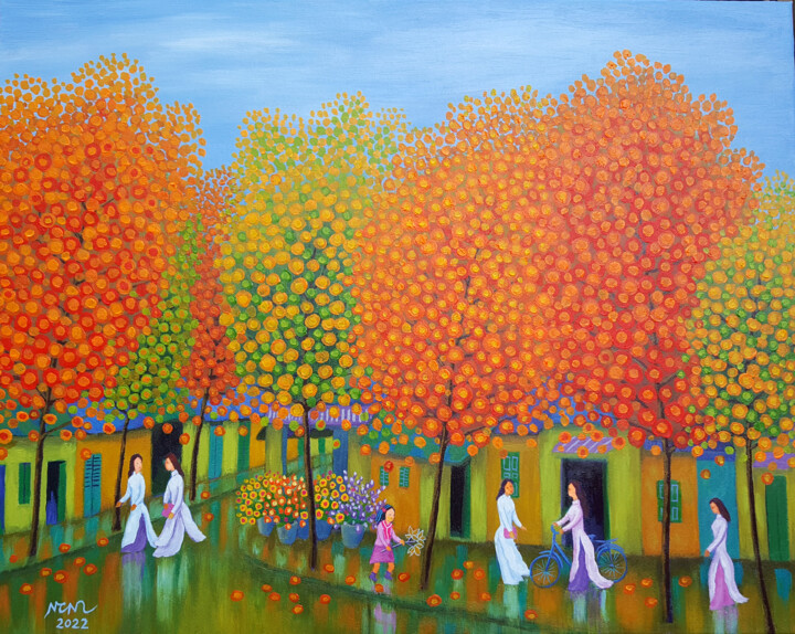 Картина под названием "Autumn Street" - Chi Nguyen, Подлинное произведение искусства, Акрил Установлен на Деревянная рама дл…