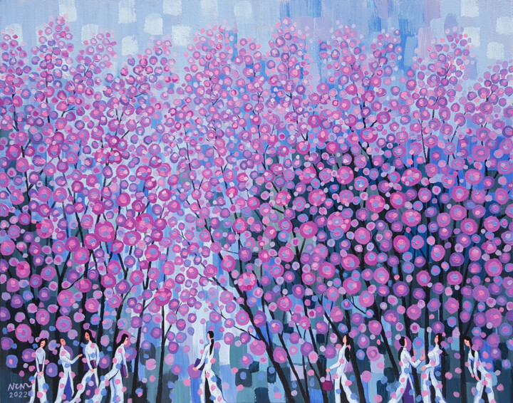 Картина под названием "Students and Flowers" - Chi Nguyen, Подлинное произведение искусства, Акрил Установлен на Деревянная…