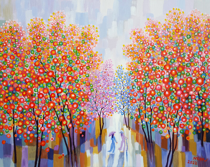 Malerei mit dem Titel "Spring on the street" von Chi Nguyen, Original-Kunstwerk, Acryl