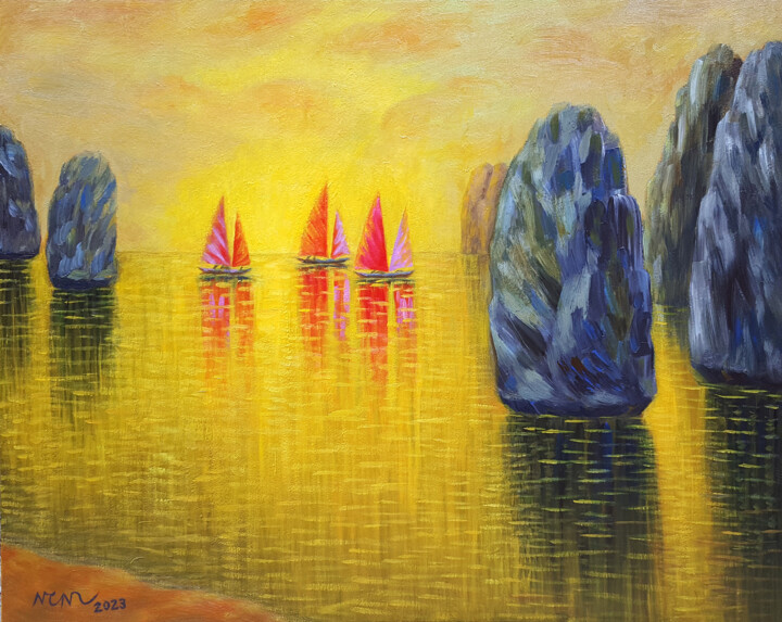 Pittura intitolato "Afternoon on Ha Lon…" da Chi Nguyen, Opera d'arte originale, Acrilico