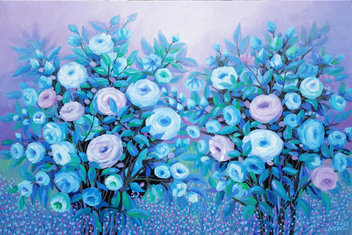 Pittura intitolato "Two blue flowers" da Chi Nguyen, Opera d'arte originale, Acrilico