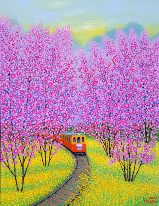 Painting titled "Spring train Painti…" by Chi Nguyen, Original Artwork, Acrylic Mounted on Wood Stretcher frame