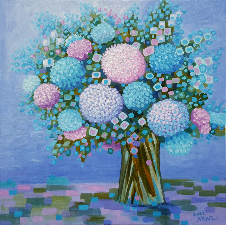 Painting titled "Hydrangea Painting" by Chi Nguyen, Original Artwork, Acrylic Mounted on Wood Stretcher frame