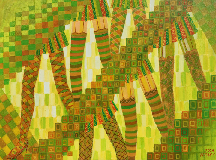 Schilderij getiteld "Golden foot Painting" door Chi Nguyen, Origineel Kunstwerk, Acryl Gemonteerd op Frame voor houten branc…