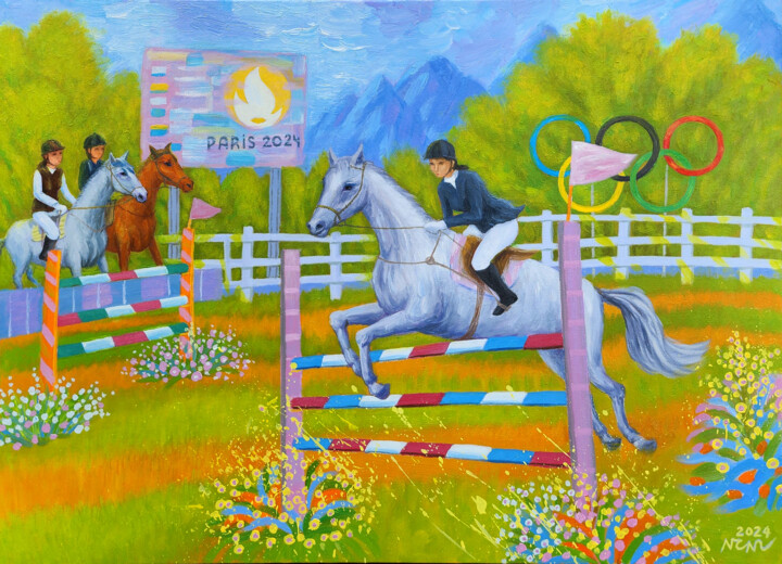Painting titled "Horse racing over h…" by Chi Nguyen, Original Artwork, Acrylic Mounted on Wood Stretcher frame
